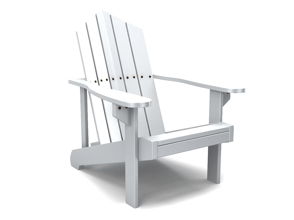 A rendered image of a classic Adirondack chair, featuring a wide, slatted backrest, broad armrests, and a low, reclined seat. The chair is depicted in a clean white finish, suggesting painted wood or a composite material, with visible metallic fasteners securing the slats. — 3D model