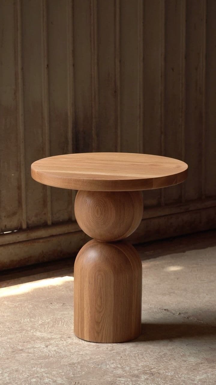 A round-top side table with a unique pedestal base. The base consists of two stacked spherical and a domed cylindrical elements, all crafted from wood with visible grain patterns. The design is abstract and sculptural. — 3D model