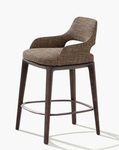 A tall, upholstered bar stool featuring a dark wood frame and an integrated seat and backrest with armrests, designed for counter or bar height seating. — 3D model