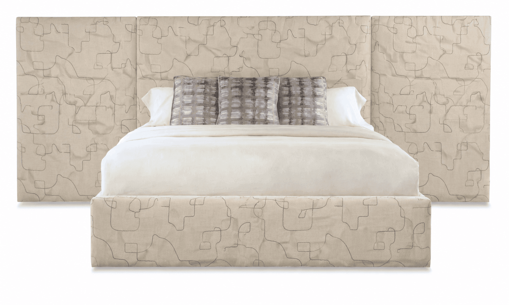 A contemporary upholstered platform bed featuring a low-profile frame and an expansive, integrated headboard. The entire bed structure, including the headboard and frame, is covered in a light beige or cream-colored fabric with a subtle, abstract linear pattern. The headboard extends significantly beyond the width of the mattress on both sides, creating a distinctive aesthetic. The bed is presented with white bedding and two decorative throw pillows with a geometric grey pattern. — 3D model