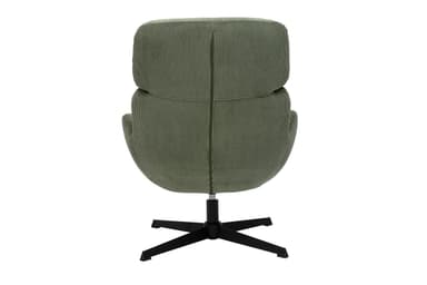 A modern armchair upholstered in green corduroy fabric. It features a high backrest that is divided into two sections, with the upper section slightly wider than the lower. The seat curves around to form integrated armrests. The chair is mounted on a black, five-star pedestal base with a central column, suggesting it may swivel. — 3D model