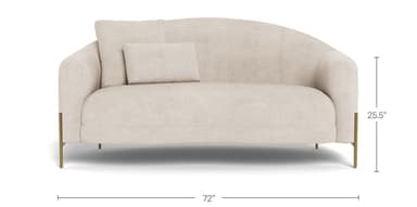 A modern loveseat featuring a gracefully curved backrest and integrated arms, upholstered in a light-colored, textured fabric. It stands on slender, angled brass legs, giving it a refined and contemporary appearance. A single rectangular lumbar pillow accompanies the piece. — 3D model
