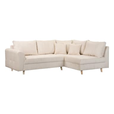 A sectional sofa with a chaise lounge extension. The sofa is upholstered in a corduroy fabric and features multiple loose back cushions and throw pillows. It has rounded armrests and is supported by short, tapered wooden legs. — 3D model