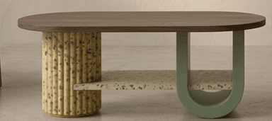 A contemporary coffee table featuring an oval dark wood top, a fluted cylindrical support made of terrazzo, and a sage-green arched support framing a lower terrazzo shelf. — 3D model