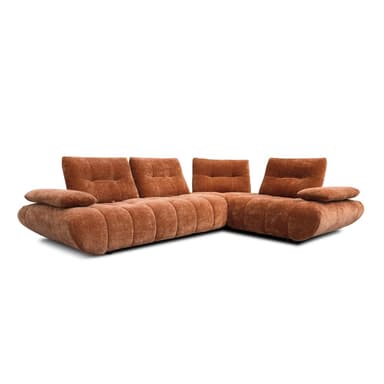 An L-shaped sectional sofa featuring deep, tufted cushions upholstered in a rich, textured rust-colored fabric, likely a velvet or chenille. The design is contemporary with a plush and inviting appearance, suitable for comfortable lounging. — 3D model