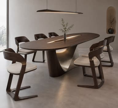 This is a modern, oval-shaped table featuring a dark brown wooden top with a prominent, elongated central strip of integrated LED lighting. The table is supported by a distinctive, sculptural base composed of two interweaving elements: one in dark wood matching the tabletop, and the other in a contrasting brushed silver or grey metal, creating a dynamic and contemporary aesthetic. — 3D model