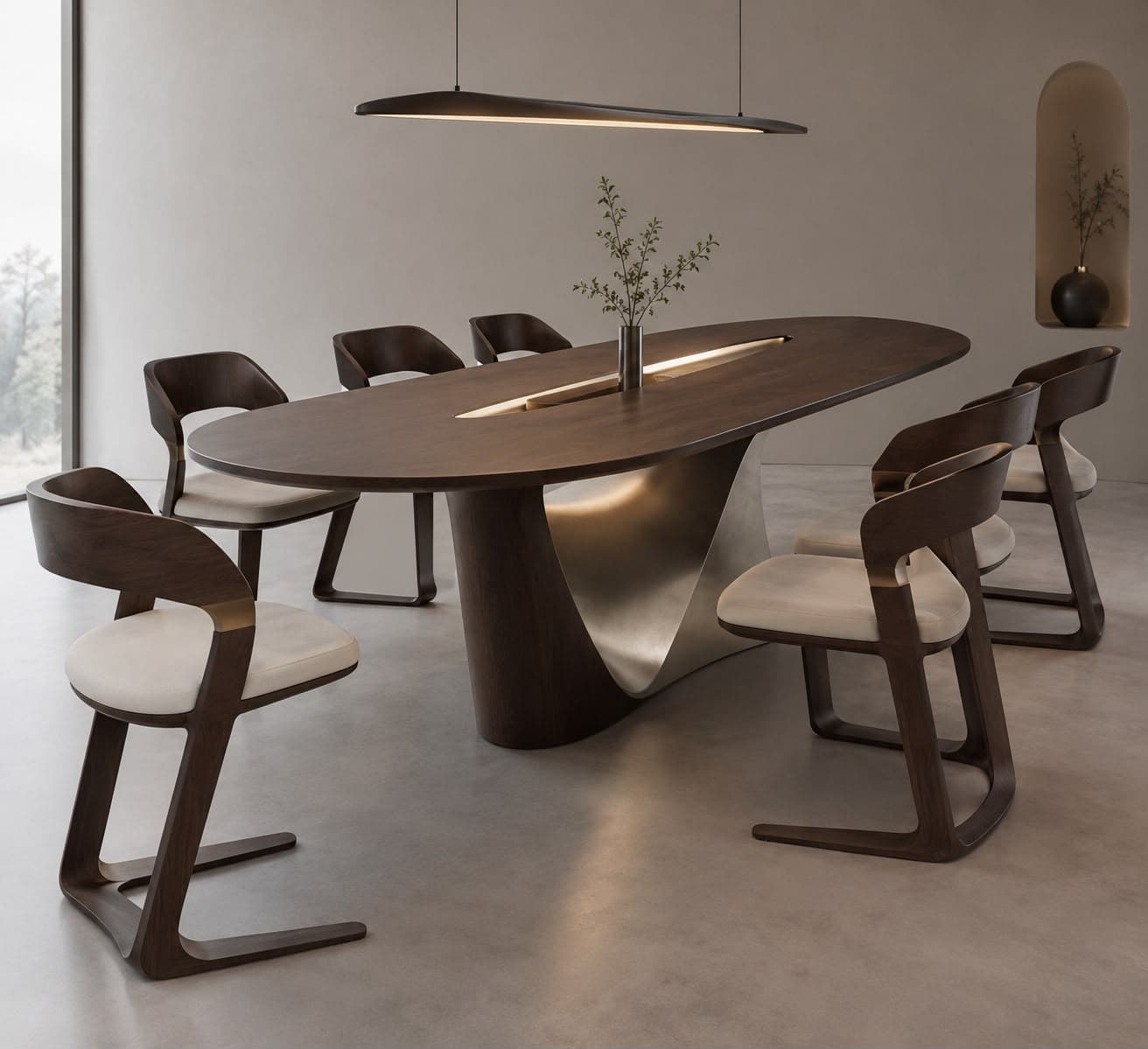 This is a modern, oval-shaped table featuring a dark brown wooden top with a prominent, elongated central strip of integrated LED lighting. The table is supported by a distinctive, sculptural base composed of two interweaving elements: one in dark wood matching the tabletop, and the other in a contrasting brushed silver or grey metal, creating a dynamic and contemporary aesthetic. — 3D model