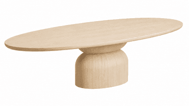 A light-colored wooden table featuring an elongated oval top and a unique, sculptural pedestal base composed of two rounded, stacked elements. — 3D model