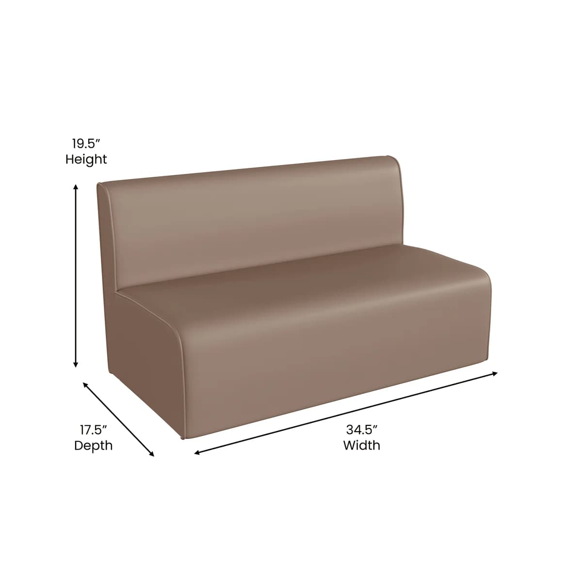 A compact, armless booth designed for seating. It features a continuous seat and backrest with a clean, modern aesthetic. The unit has a rectangular base and subtly rounded corners where the sides meet the front. Dimensions indicate a width of 34.5 inches, a depth of 17.5 inches, and a height of 19.5 inches. — 3D model