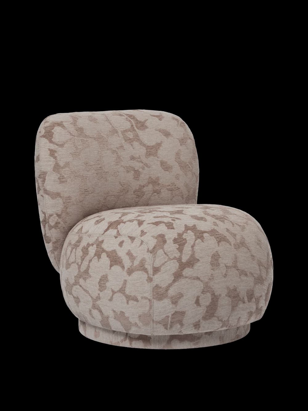 A single, upholstered armchair with a rounded silhouette. It features a low-profile, circular base and a backrest that curves gently to embrace the sitter. The upholstery is patterned with an abstract, organic motif. — 3D model