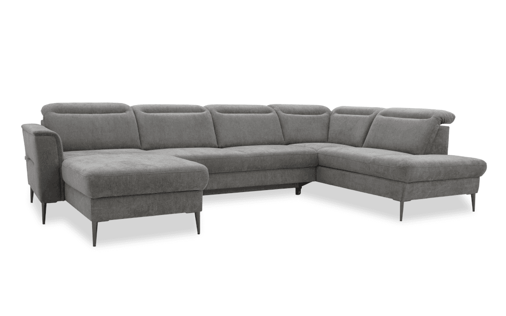 A large, sectional sofa in a U-shape configuration. It features multiple seating modules, including a chaise lounge extension on one end and a return section on the other, forming a central seating area. The sofa has plush, upholstered cushions for both the seats and backrests, with a slightly curved design on the back cushions. It is supported by slender metal legs. — 3D model