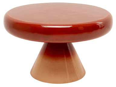 A low, round table with a distinctive mushroom-like silhouette, featuring an ombre lacquered finish. The color transitions from a deep reddish-brown on the domed tabletop to a lighter tan or beige at the wider base of the conical pedestal. The surface appears high-gloss and reflective. Dimensions indicate a diameter of 60 cm for the top and a total height of 35 cm. — 3D model