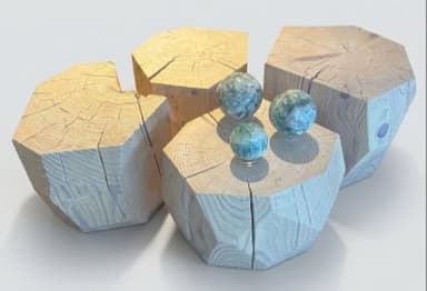A set of four hexagonal accent tables crafted from natural wood logs, featuring visible grain and organic textures. Three decorative spheres rest on one of the tables. — 3D model
