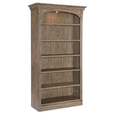A tall, freestanding wooden bookshelf with a distressed finish, featuring decorative crown molding, an arched top panel, and fluted side pilasters. It has multiple open shelves for storage and display. — 3D model