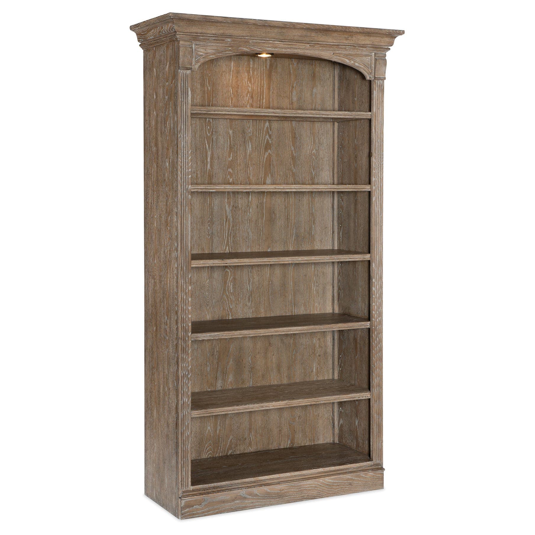 A tall, freestanding wooden bookshelf with a distressed finish, featuring decorative crown molding, an arched top panel, and fluted side pilasters. It has multiple open shelves for storage and display. — 3D model