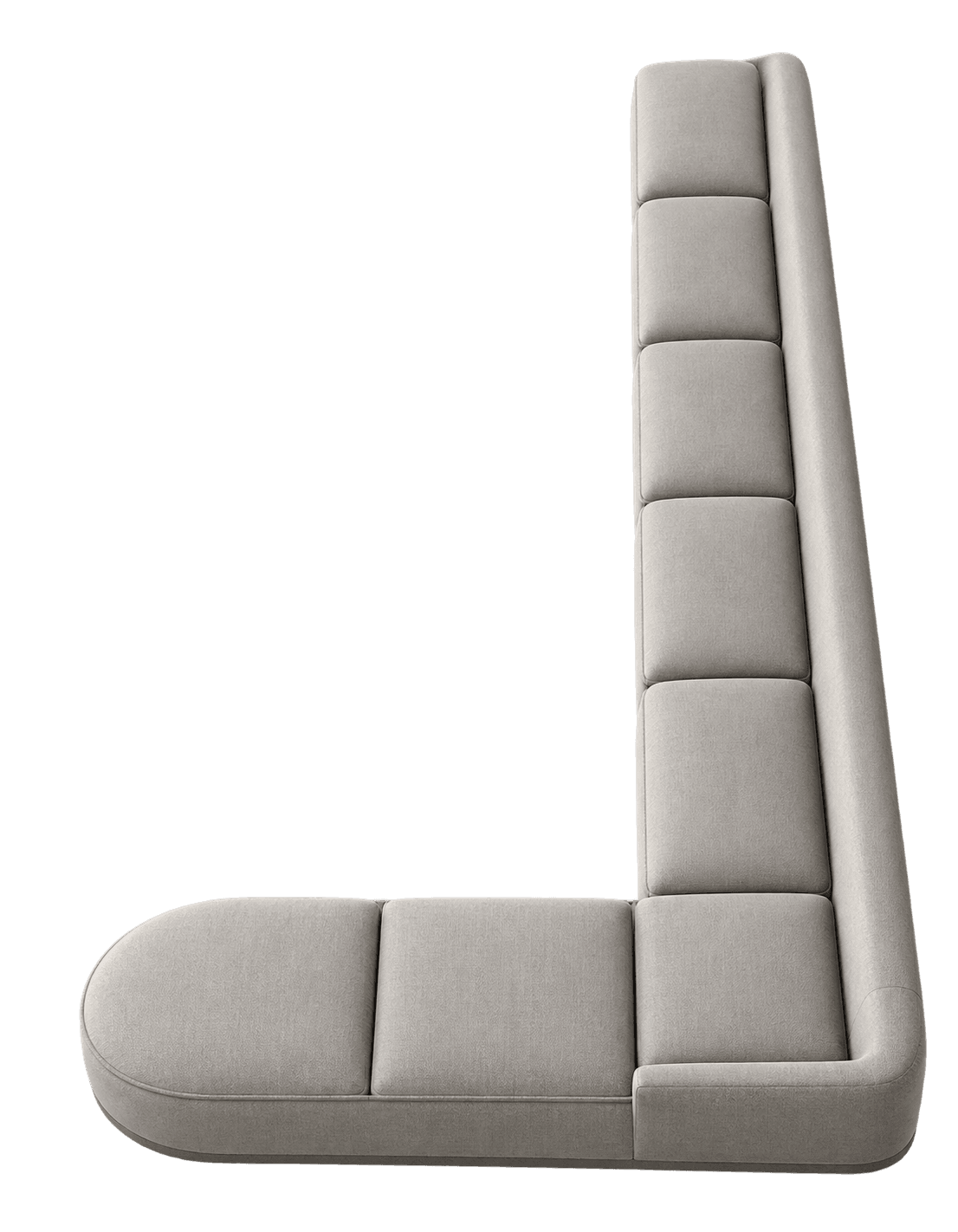 An L-shaped sectional sofa with a contemporary design, upholstered in a light gray fabric. The sofa features a modular construction with distinct, segmented seat and back cushions, creating a clean, defined look. One end of the 'L' segment terminates in a smoothly rounded, armless piece, enhancing its modern aesthetic. The backrest is integrated and follows the contour of the L-shape. — 3D model