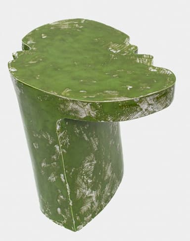 A small, sculptural accent table featuring an irregular, organic-shaped tabletop and an integrated, curved base. The entire piece is finished in a distressed moss green color with white brushstroke accents, giving it a textured, earthy appearance. Its unique form suggests it is intended as a decorative and functional element in a modern or artistic interior. — 3D model