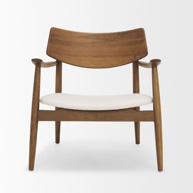 A classic Mid-Century Modern armchair featuring a gracefully curved wooden backrest and integrated armrests. The frame is constructed from a medium brown wood, possibly teak or walnut, with tapered legs. The seat is a removable cushion upholstered in a light, off-white fabric. — 3D model