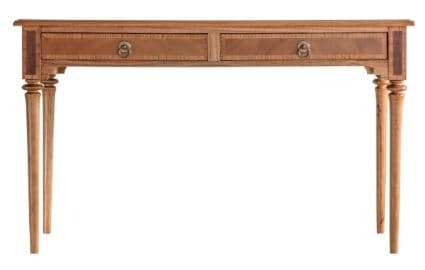 A wooden console table in French Provincial style, featuring two drawers with decorative ring pulls and elegantly turned, tapered legs. — 3D model