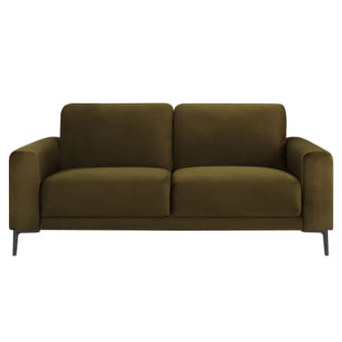 A modern three-seater sofa upholstered in a rich, dark olive green velvet or velour fabric. It features a clean-lined silhouette with straight track arms and a low back. The backrest is composed of two plush, loose cushions, while the base and armrests form a unified, structured frame. The sofa is supported by four slender, angled black metal legs, providing a subtle lift and enhancing its contemporary aesthetic. The overall design emphasizes minimalist elegance and comfort. — 3D model