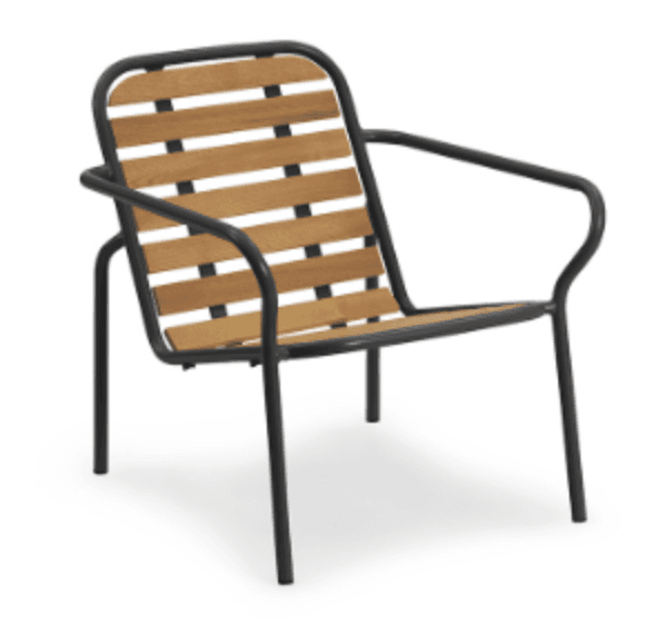 A modern outdoor armchair featuring a dark tubular metal frame and natural wooden slats for the seat and backrest. The frame is constructed with continuous curves forming the legs, armrests, and the perimeter of the backrest. The horizontal wooden slats are evenly spaced and secured within the metal frame, providing a comfortable yet open seating surface. The chair exhibits a minimalist and durable design suitable for outdoor use. — 3D model