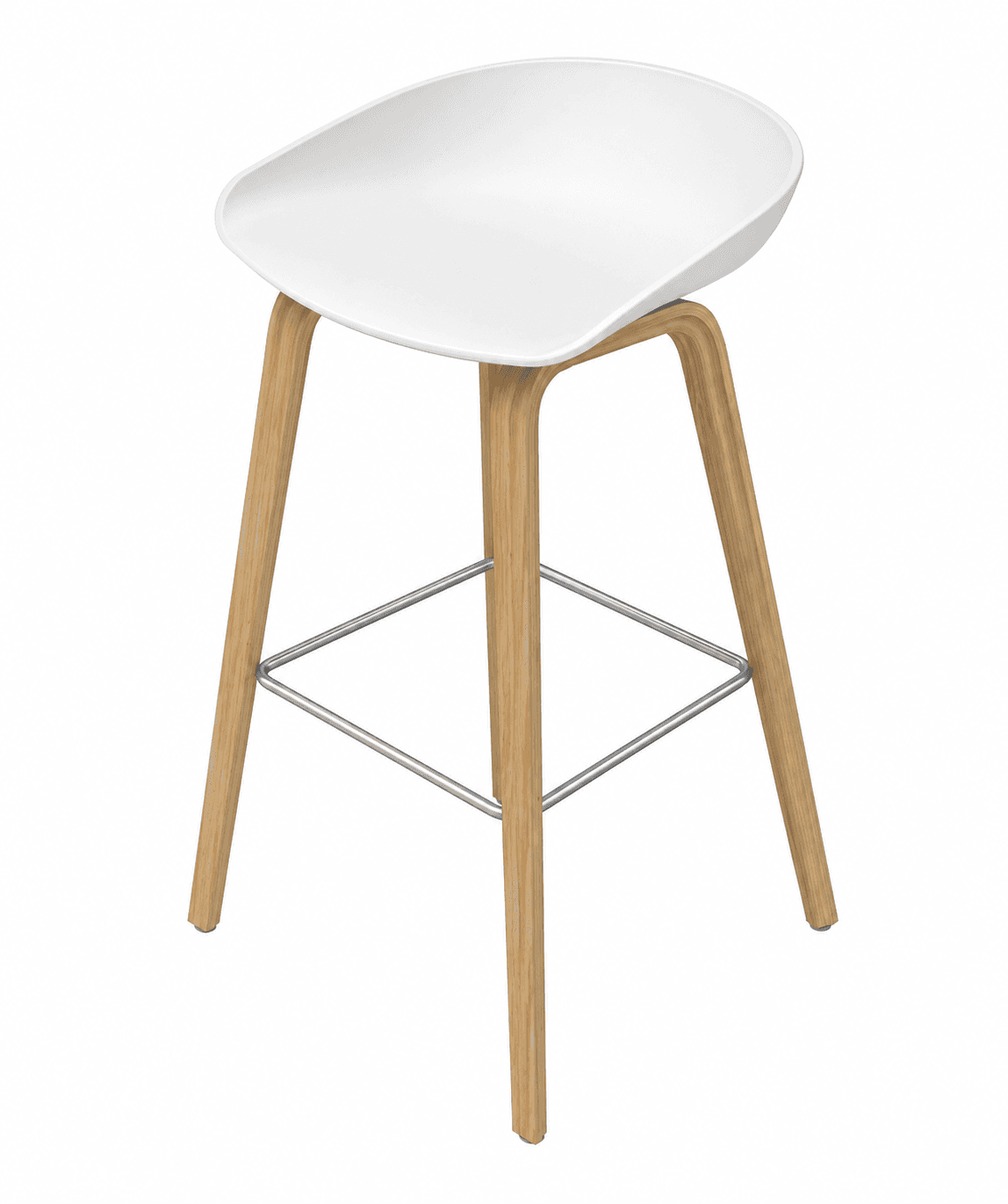 A contemporary bar stool featuring a white, ergonomically molded plastic seat and a base constructed from four splayed, tapered light-colored wooden legs. A square-shaped, silver-toned metal footrest connects the legs, providing support and stability. The design is minimalist and clean, suitable for modern interiors. — 3D model