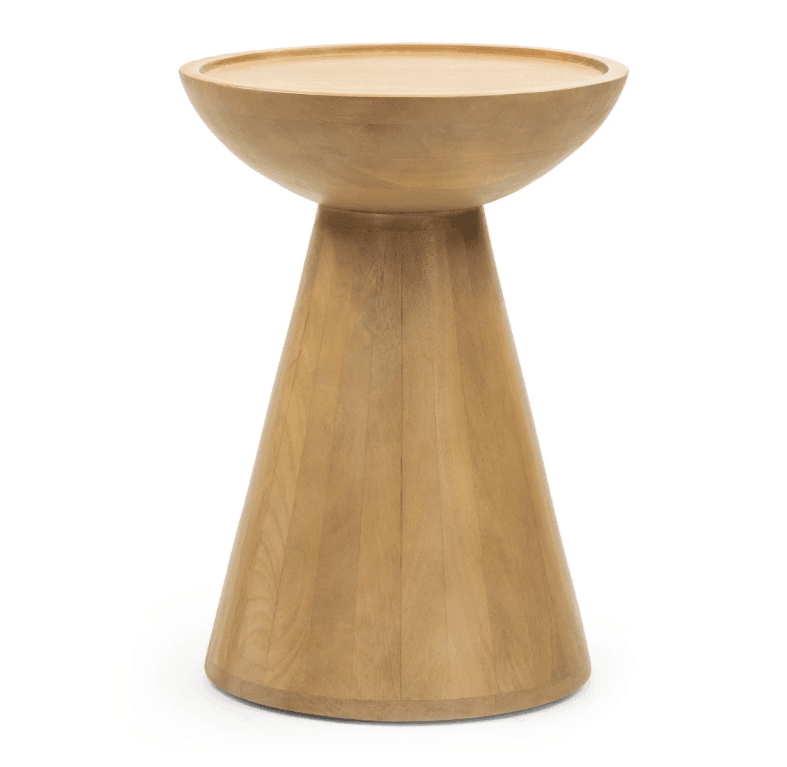 A light-toned wooden pedestal table with a round, bowl-shaped top and a tapering conical base, presented on a white background. — 3D model