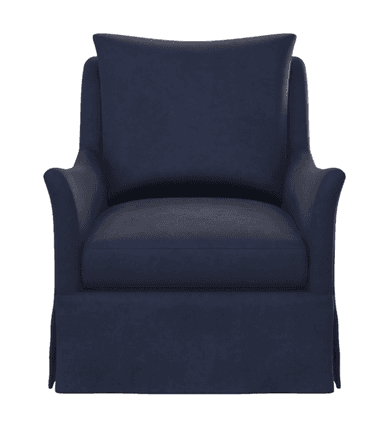 A navy blue upholstered armchair featuring a deep seat, loose back cushion, and a tailored skirted base. The arms are gently flared, and the overall design suggests comfort and a contemporary aesthetic. — 3D model