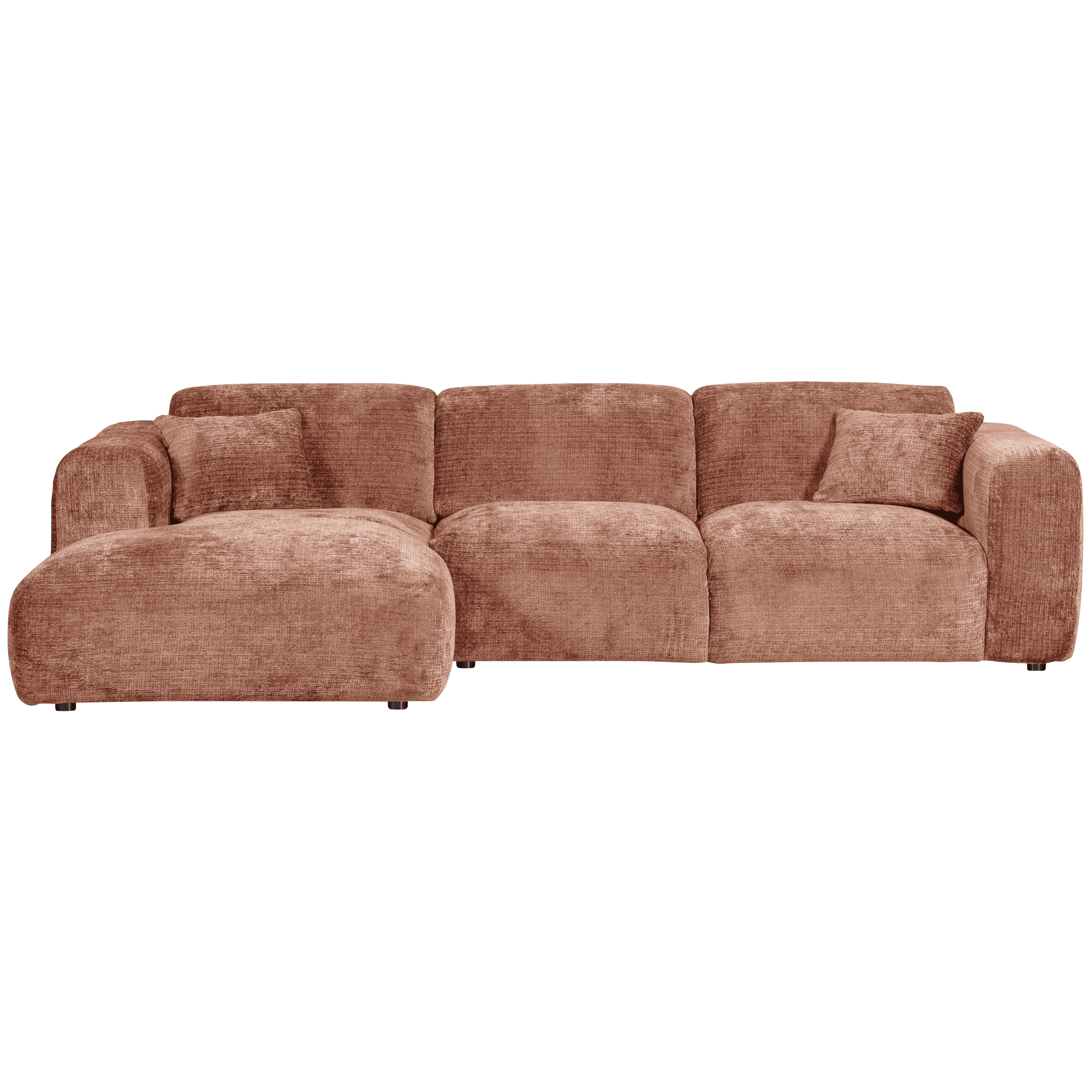 A modular sectional sofa with a chaise lounge on the left. The sofa features plush cushioning and is upholstered in a textured fabric. It includes several back cushions and one decorative throw pillow visible. The sofa has low-profile dark feet. — 3D model