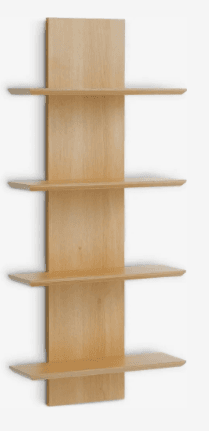 A vertical wall-mounted shelf unit featuring a central wooden panel with four horizontally extending shelves. The shelves are of uniform size and are staggered along the central panel, creating an asymmetrical design. The unit is designed for wall installation. — 3D model
