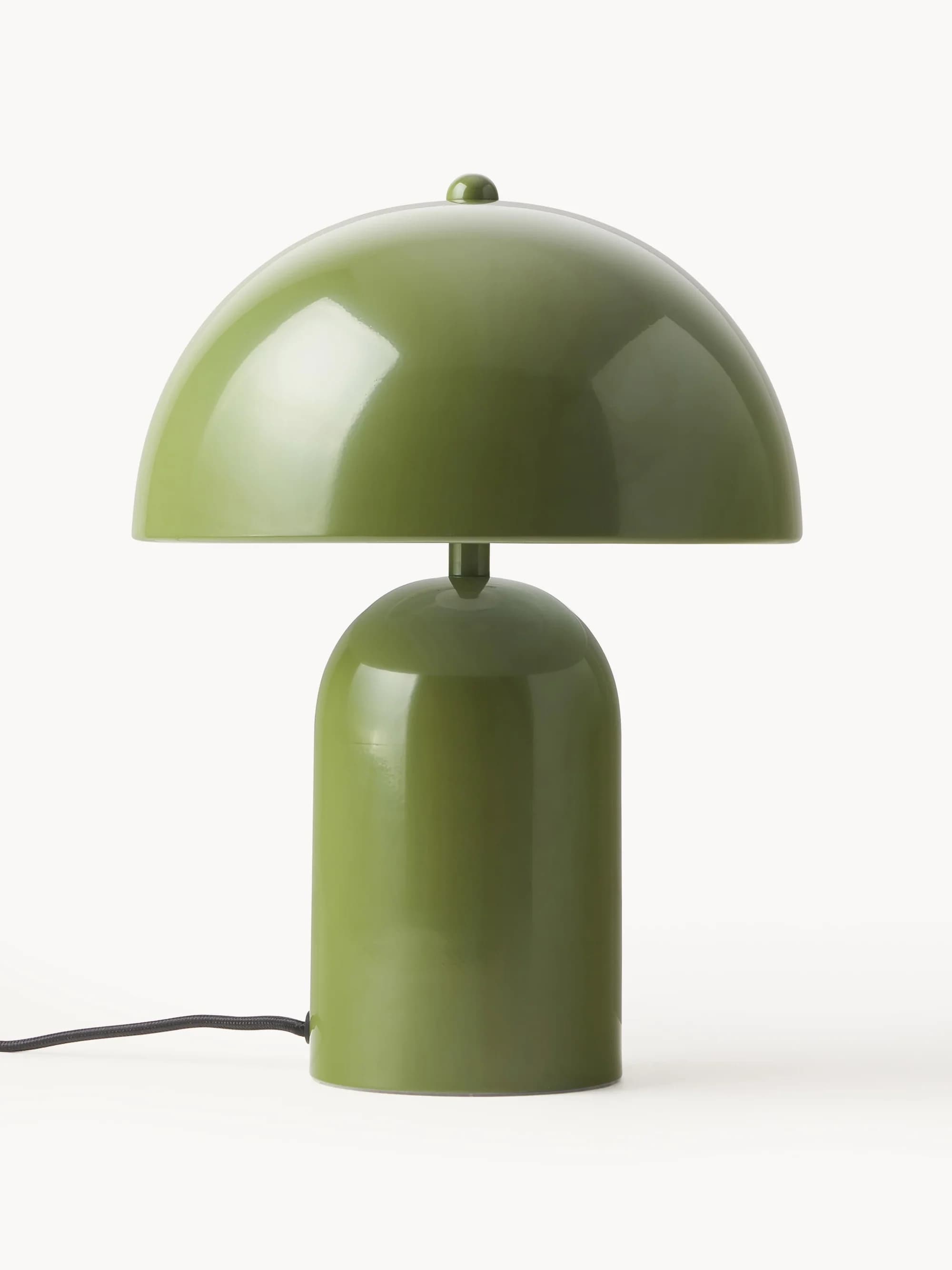 A olive green table lamp featuring a distinctive mushroom-shaped shade and a cylindrical base, both finished with a glossy enamel coating. — 3D model
