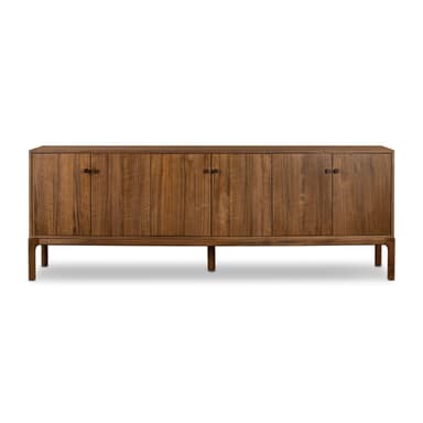 A long, low, rectangular sideboard constructed from dark walnut wood, featuring multiple cabinet doors across its front facade. The piece stands on a minimalist integrated wooden base with short, subtly splayed legs. Each cabinet door is fitted with a small, dark, circular or knob-like pull, blending with the wood grain. The design emphasizes clean lines and natural wood aesthetics. — 3D model