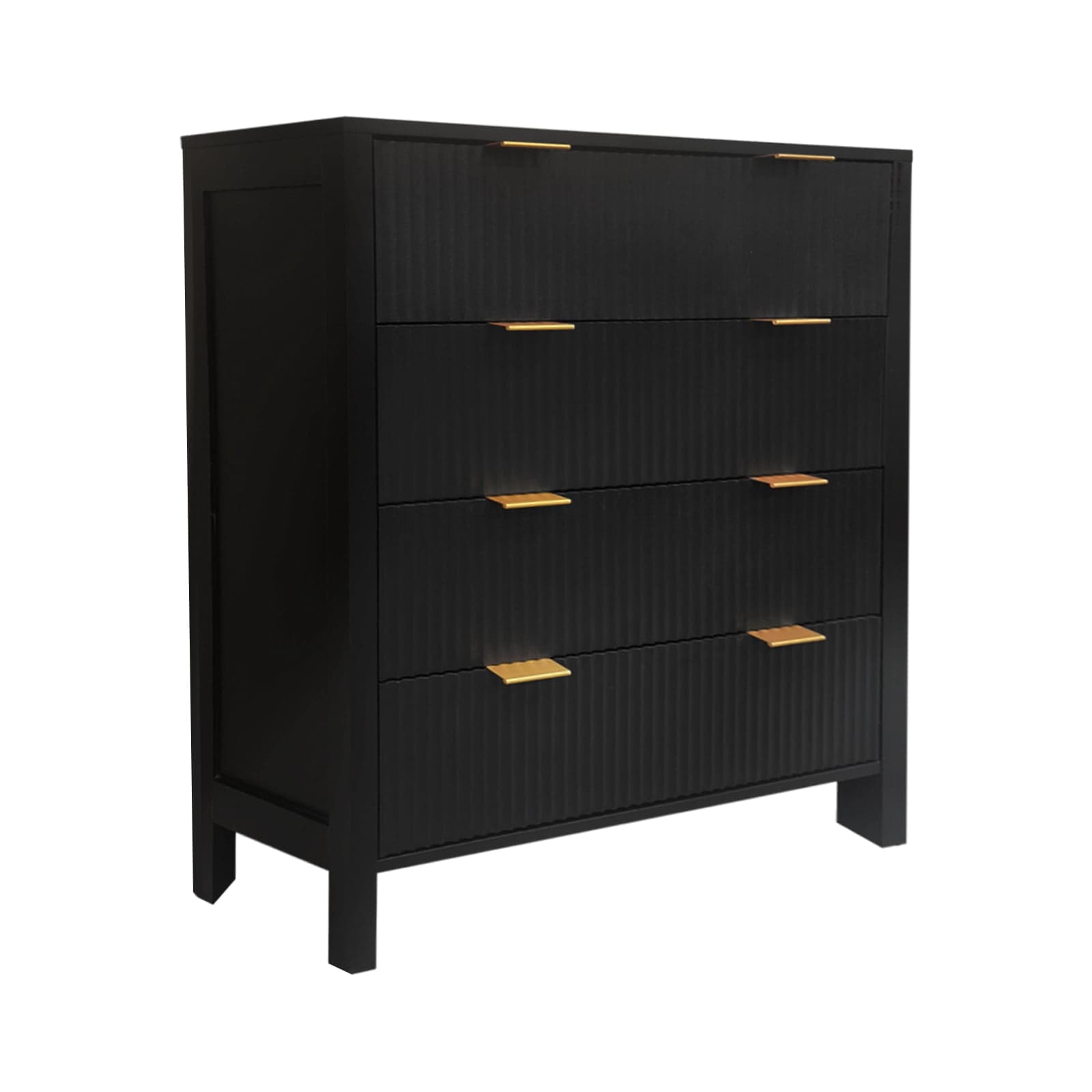A contemporary black chest of drawers featuring four drawers with a distinctive fluted texture on their fronts, accented by sleek gold-toned bar pulls. — 3D model