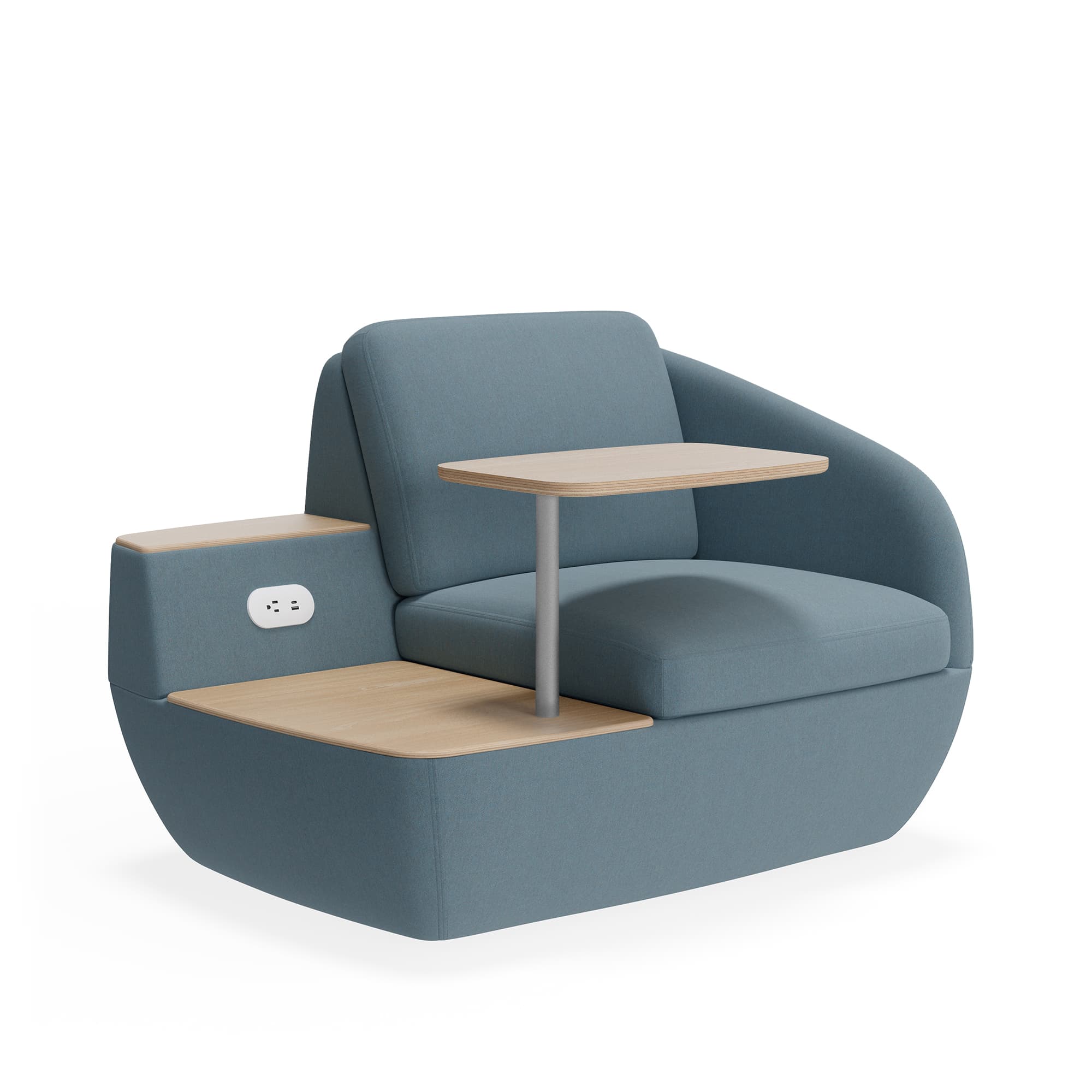 A modern upholstered lounge chair in a blue-grey fabric, featuring a compact, rounded silhouette. It includes an integrated wooden side table on the left armrest, a cantilevered wooden table, and a power outlet module with AC and USB ports, making it suitable for contemporary public or private spaces. — 3D model