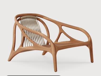 A modern armchair with a distinctive organic-inspired wooden frame. The frame features curved, flowing lines that create an open, sculptural base and armrests. The seat and back are upholstered with a textured, light-colored fabric, providing a soft contrast to the solid wood structure. — 3D model
