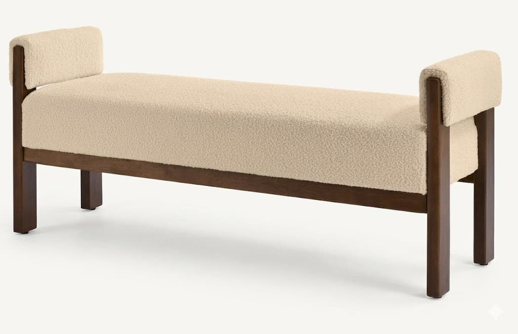 A contemporary bench featuring a rectangular, cream-colored boucle upholstered seat with integrated, low, and rounded armrests. The seat and armrests are supported by a minimalist dark brown wood frame, consisting of four straight legs and a connecting stretcher along the bottom. The overall design is clean and modern. — 3D model