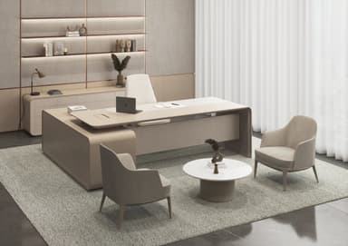A modern, executive-style desk with a distinctive 'H' or 'I' shape, featuring a solid, angular construction with rounded corners. It has a raised central section with a lighter, possibly lighter-colored inlay or surface, and a cantilevered element on one side. The desk appears to be constructed from dense material with a smooth, matte finish. — 3D model