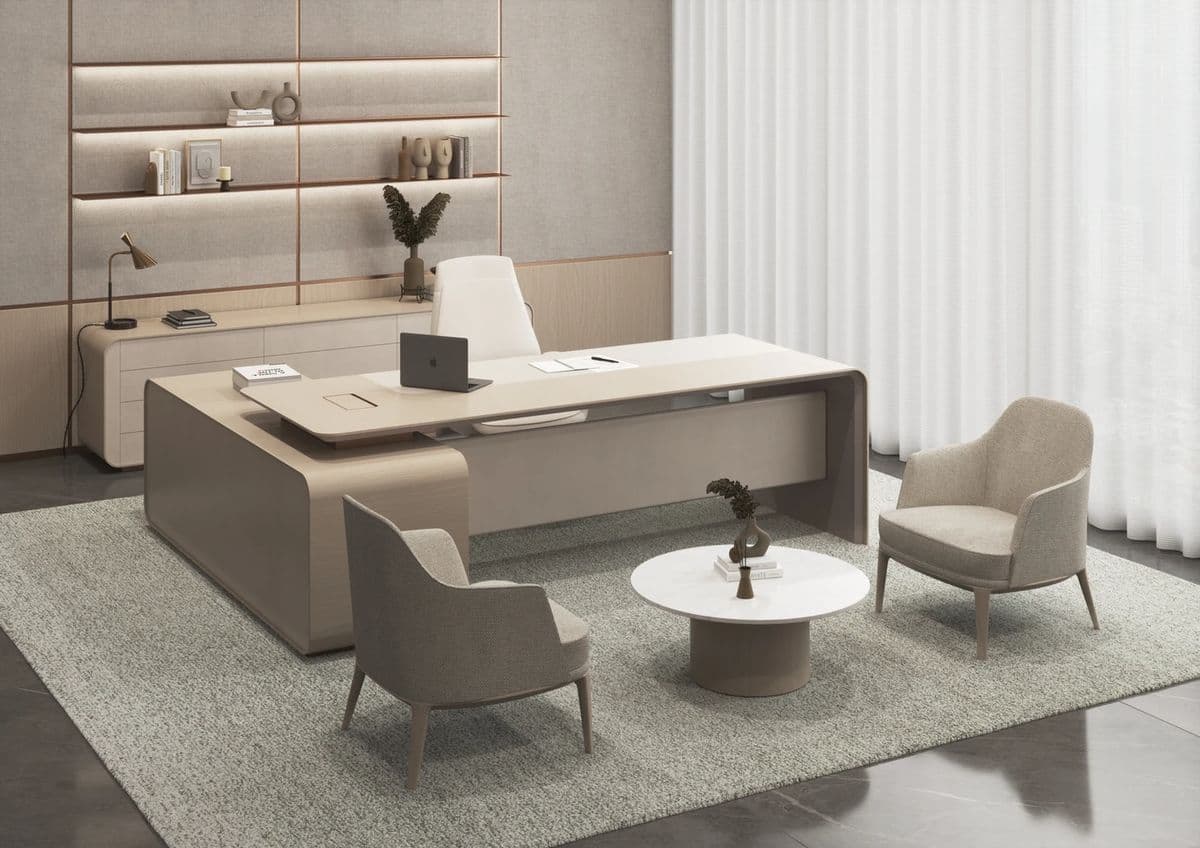 A modern, executive-style desk with a distinctive 'H' or 'I' shape, featuring a solid, angular construction with rounded corners. It has a raised central section with a lighter, possibly lighter-colored inlay or surface, and a cantilevered element on one side. The desk appears to be constructed from dense material with a smooth, matte finish. — 3D model