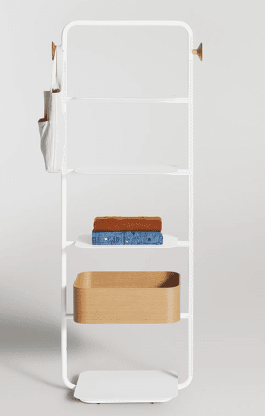A tall, slender wall-mounted shelving unit featuring a white metal frame, multiple white metal shelves, and one integrated light wood storage basket. The frame has rounded corners, and there are two small wooden knobs at the top. — 3D model