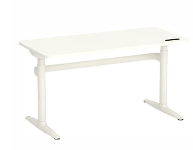 A minimalist, white height-adjustable standing desk featuring a rectangular top with rounded corners, a central pedestal column, and a four-pronged star base. It includes an integrated control panel on the tabletop for electronic height adjustment. — 3D model
