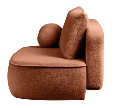 A contemporary loveseat featuring a rounded, organic silhouette, upholstered in a textured, rust-colored boucle fabric. It includes two plush back cushions and two smaller spherical accent pillows, all matching the primary upholstery. The design emphasizes softness and comfort with its generous proportions and subtle piping details. — 3D model