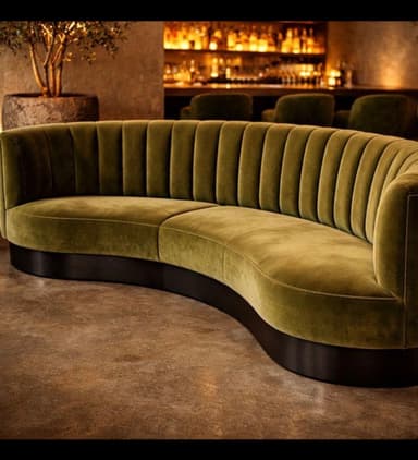A sophisticated curved sofa upholstered in olive green velvet, featuring distinctive vertical channel tufting on the backrest. The sofa has a continuous, gracefully curved silhouette and rests on a recessed dark-finished plinth base. — 3D model
