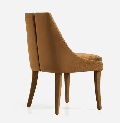 A contemporary dining chair characterized by its full upholstery in a golden-brown, finely ribbed fabric. The chair features a distinctive split backrest and four slender, tapered legs, all seamlessly covered in the same textured material, presenting a cohesive and modern aesthetic. — 3D model