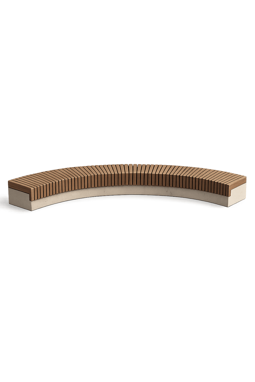 A modern, curved public seating bench, featuring a sturdy concrete base and a top surface composed of numerous narrow wooden slats. The bench forms a gentle arc, designed for communal seating in outdoor or large indoor public spaces. The materials suggest durability and a contemporary aesthetic. — 3D model