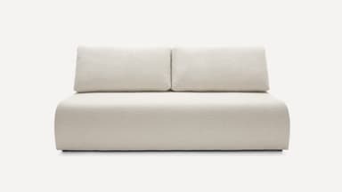 An armless two-seater loveseat upholstered in a textured, off-white bouclé fabric. It features a low-profile silhouette with two separate back cushions and a clean, minimalist design. — 3D model