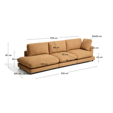 A contemporary, low-profile modular sectional sofa in a warm, textured brown fabric. It consists of three main seating sections, with the leftmost section extending into a deep chaise lounge. The rightmost section has a small, loose back cushion angled for support. The sofa sits on discreet, recessed dark feet. The design emphasizes comfort with generously padded, rounded cushions and a relaxed aesthetic. — 3D model