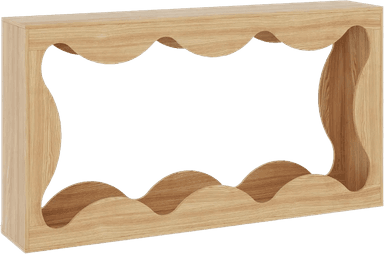 A wooden console table with a rectangular top and a lower shelf. Both the top and shelf feature a decorative, wavy edge design. The structure appears to be constructed from light-colored wood with a visible grain pattern. — 3D model