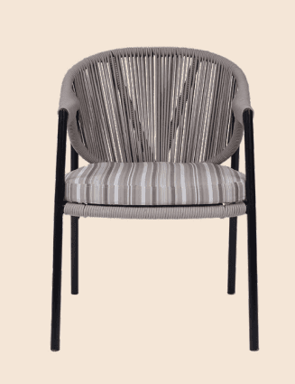 A modern armchair featuring a woven rope back and seat frame with a striped cushion. The frame appears to be constructed with dark metal legs and a rounded armrest and back structure. The seat is fitted with a plush cushion. — 3D model