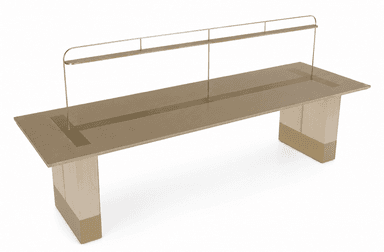 A long, rectangular conference table featuring a minimalist design with thick, solid pedestal legs. The tabletop has a central channel, likely for power and data, and is topped with an integrated linear lighting fixture made of gold-finished metal. The table's primary color is a neutral beige or light taupe, complemented by gold metallic accents on the leg bases and the lighting structure. — 3D model
