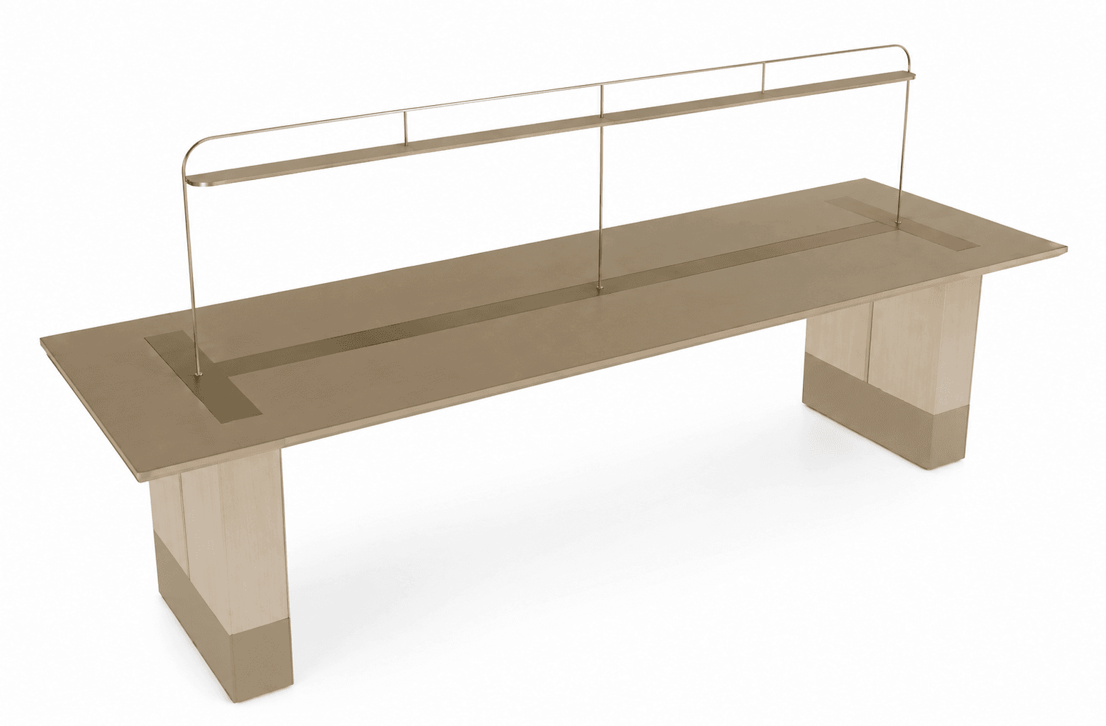 A long, rectangular conference table featuring a minimalist design with thick, solid pedestal legs. The tabletop has a central channel, likely for power and data, and is topped with an integrated linear lighting fixture made of gold-finished metal. The table's primary color is a neutral beige or light taupe, complemented by gold metallic accents on the leg bases and the lighting structure. — 3D model